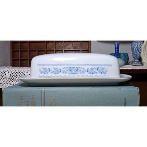 vintage blue and white floral butter dish temptations Japan(small callout)
